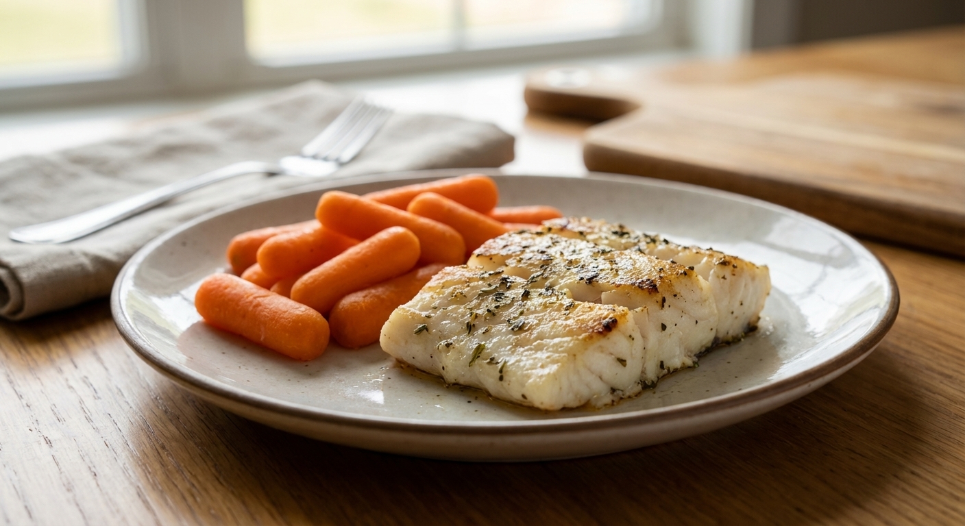 A close-up photograph of cooked white fish and steamed carrots on a plate in a home kitchen