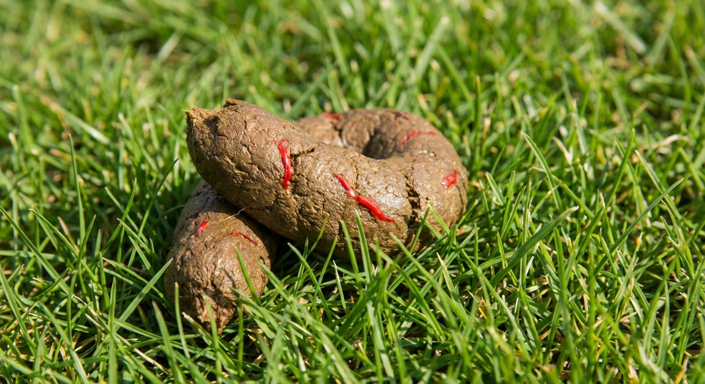A close-up photograph of dog stool on grass showing small bright red streaks