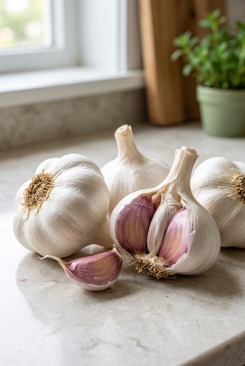 A close-up photograph of fresh garlic bulbs on a kitchen counter