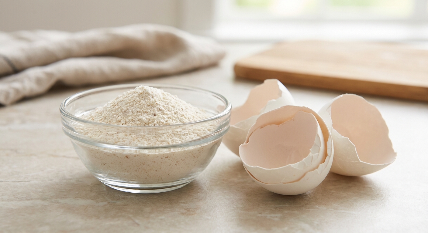 A close-up photograph of ground eggshell powder in a small glass bowl next to clean eggshell halves on a kitchen counter