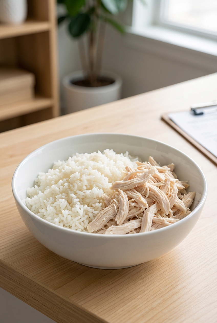 A close-up photograph of plain cooked white rice and shredded chicken in a simple bowl on a countertop