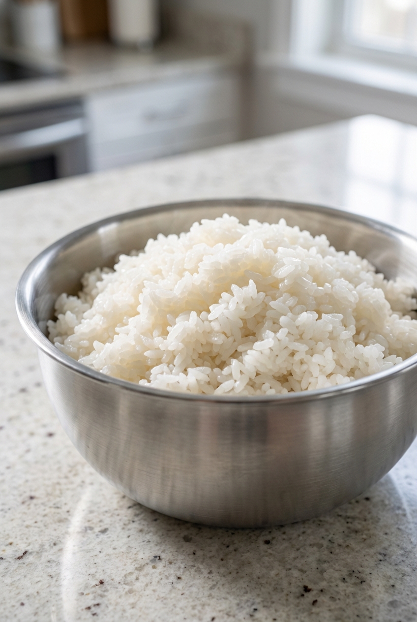 A close-up photograph of plain cooked white rice in a stainless steel bowl on a countertop