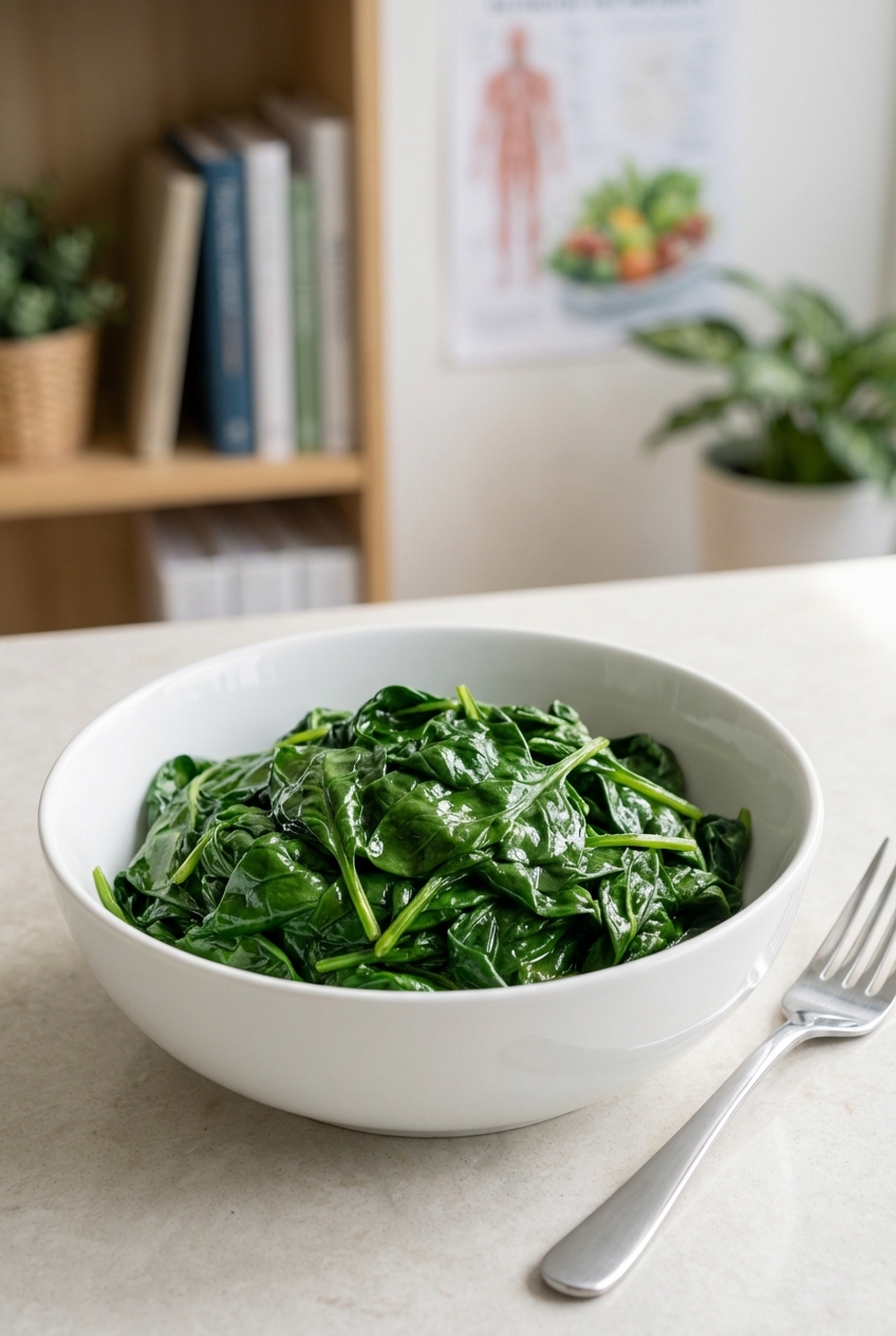 A close-up photograph of plain steamed spinach in a small bowl on a kitchen counter beside a fork