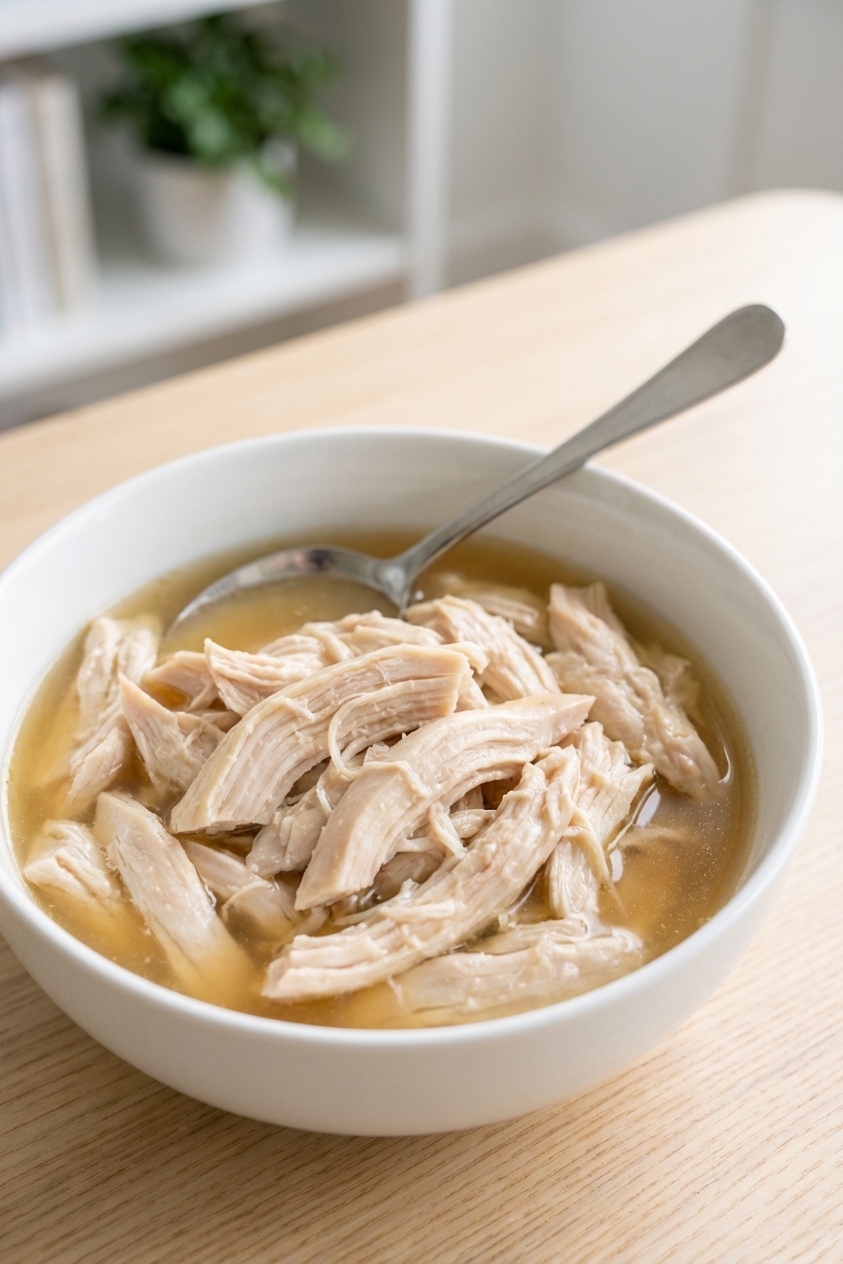 A close-up photograph of shredded cooked chicken in a bowl with a spoon and a small amount of broth