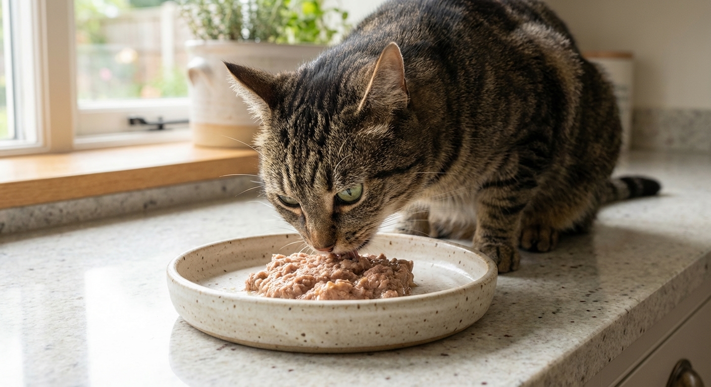 A close-up, photorealistic kitchen scene of an adult domestic shorthair cat calmly eating a small portion of soft homemade wet food from a shallow ceramic dish on a clean countertop, natural window light