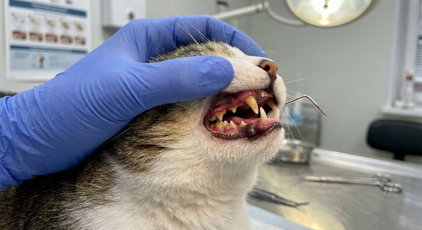 A close-up, photorealistic photo of a cat’s mouth gently held open by a gloved hand at a veterinary clinic, showing visible tartar on molars and reddened gumline