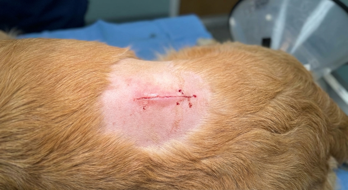 A close-up, photorealistic photograph of a dog’s abdomen on the day of spay surgery showing a fresh, clean incision line with mild swelling and a small amount of dried blood, with shaved fur and slightly pink skin from surgical prep
