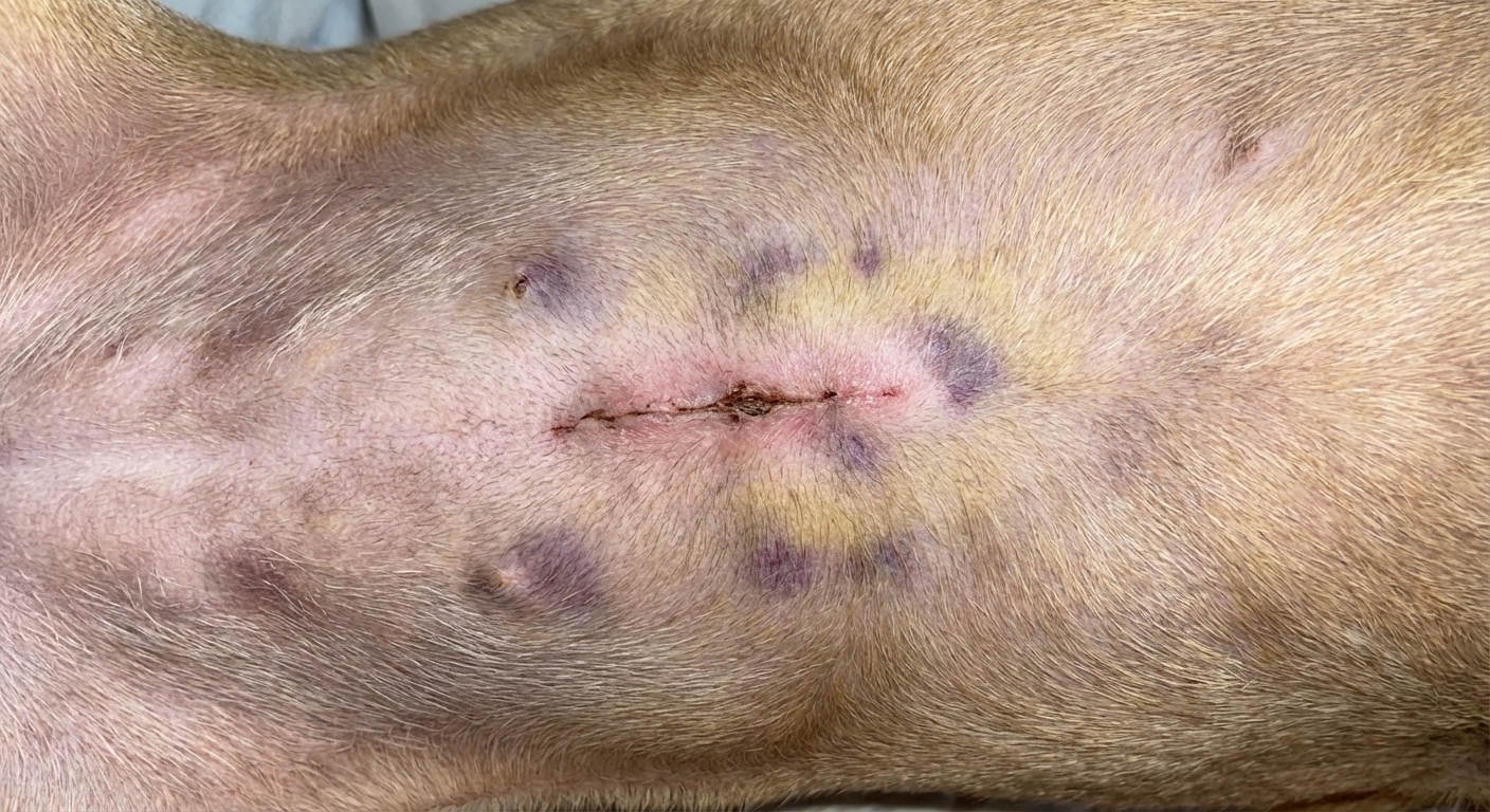 A close-up, photorealistic photograph of a dog’s spay incision four days after surgery showing a thin dry scab line, mild pink edges, and bruising that is turning from purple to yellow on a shaved belly