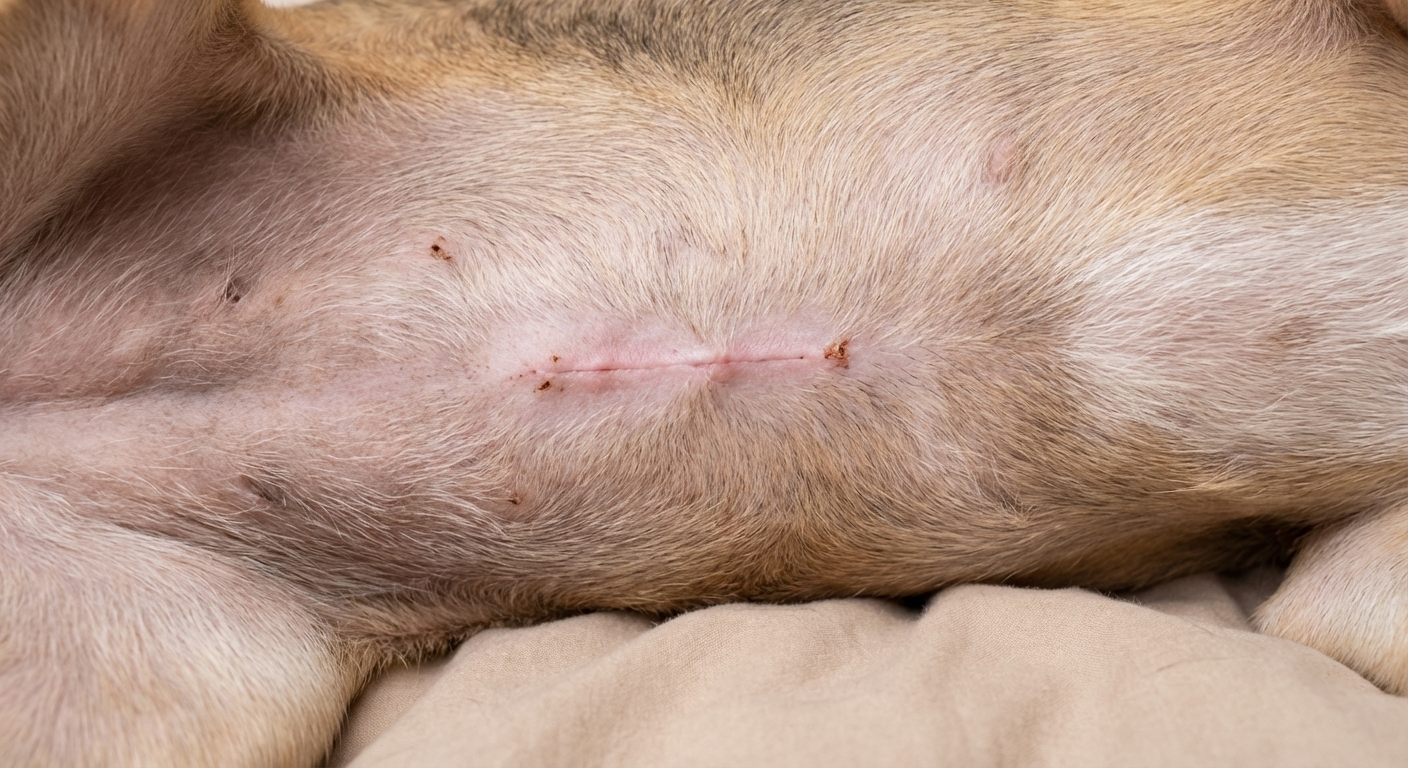 A close-up, photorealistic photograph of a dog’s spay incision ten days after surgery showing a flat, closed, pale pink incision line with minimal scabbing and shaved fur beginning to regrow