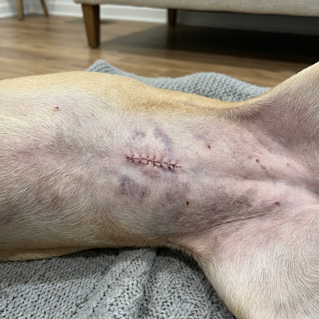A close-up, photorealistic photograph of a dog’s spay incision 48 hours after surgery showing mild swelling, a clean closed incision line, and light purple bruising around the shaved abdomen, indoors with neutral lighting