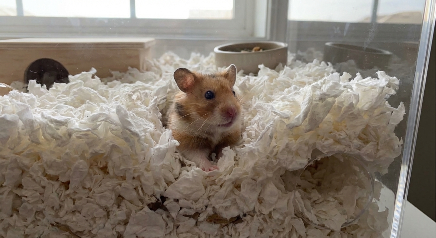 A close-up photorealistic shot of a hamster partially tucked into deep, clean, unscented paper bedding inside a clear enclosure, with visible tunnels and soft natural lighting