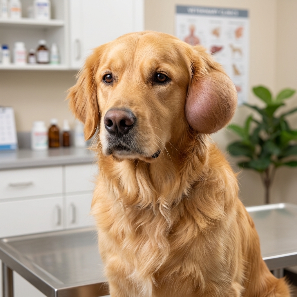 A close-up, photorealistic veterinary clinic photo of a dog with a visibly swollen ear flap on one side, the ear pinna appearing puffy and rounded, with the dog sitting calmly on an exam table under soft indoor lighting
