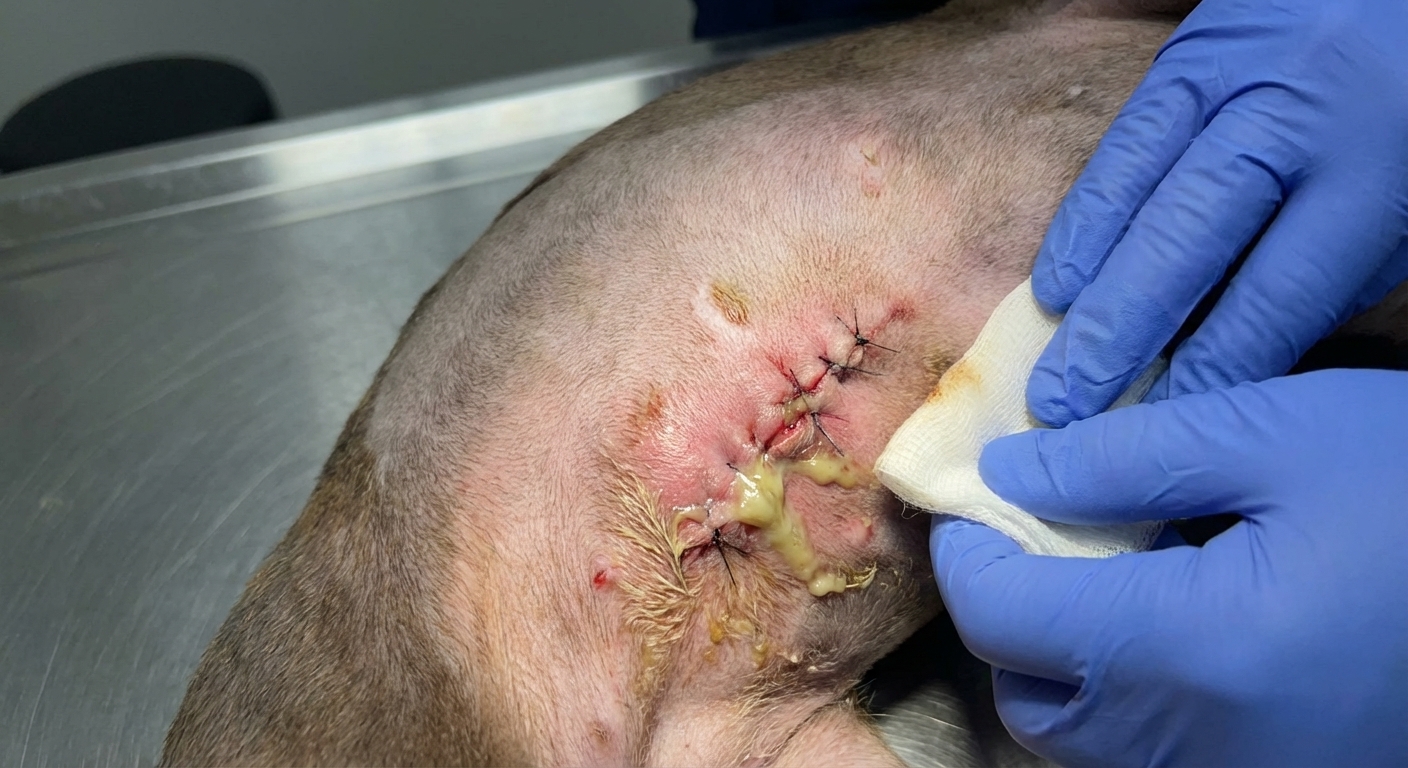 A close-up, photorealistic veterinary clinical photograph of a dog’s spay incision with surrounding redness and swelling and thick yellow discharge wetting the fur on the shaved abdomen