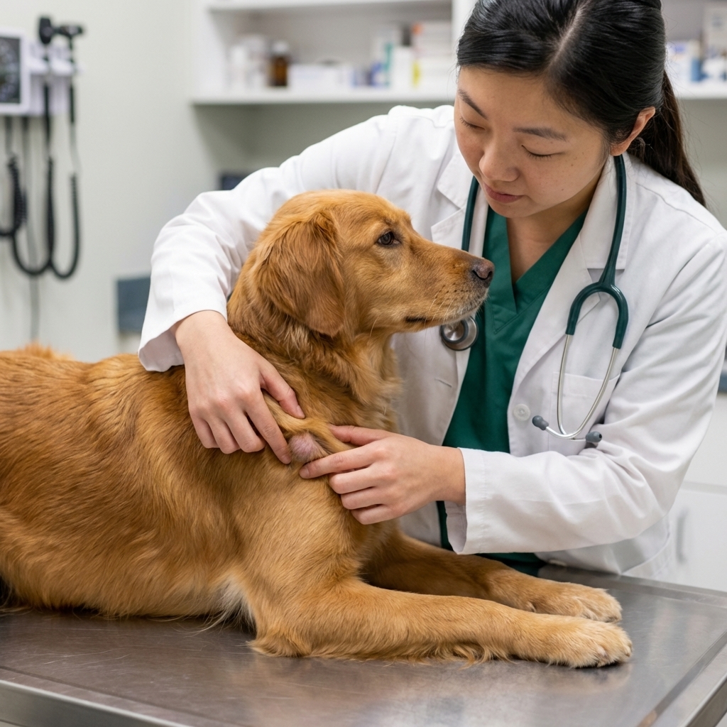 A close-up, photorealistic veterinary exam moment of a medium-sized dog lying calmly on an exam table while a veterinarian gently palpates a small lump under the skin near the dog’s shoulder, clinical lighting, shallow depth of field