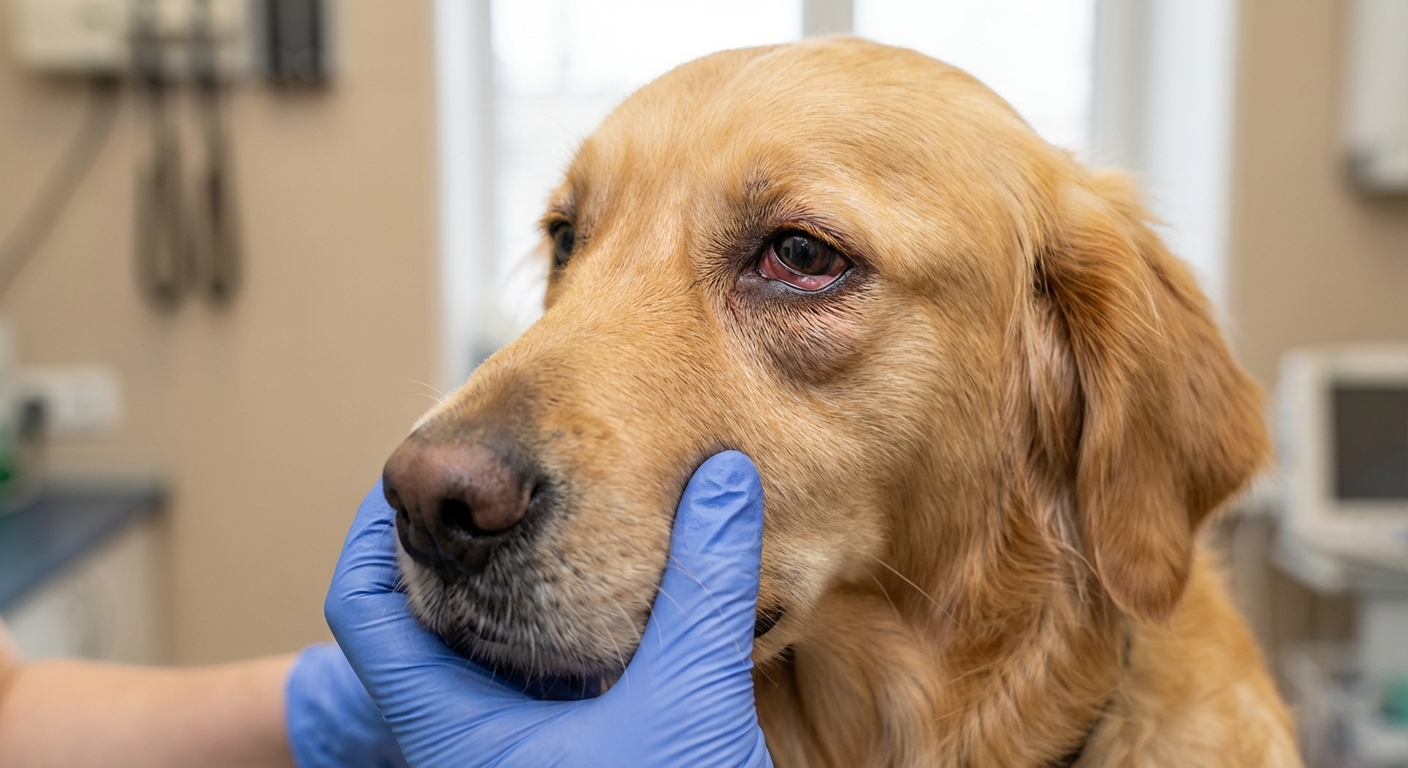 A close-up, photorealistic veterinary-style photograph of a medium-sized dog looking slightly to the side, showing one eye that is red and watery with mild swelling around the eyelids, natural indoor lighting, shallow depth of field