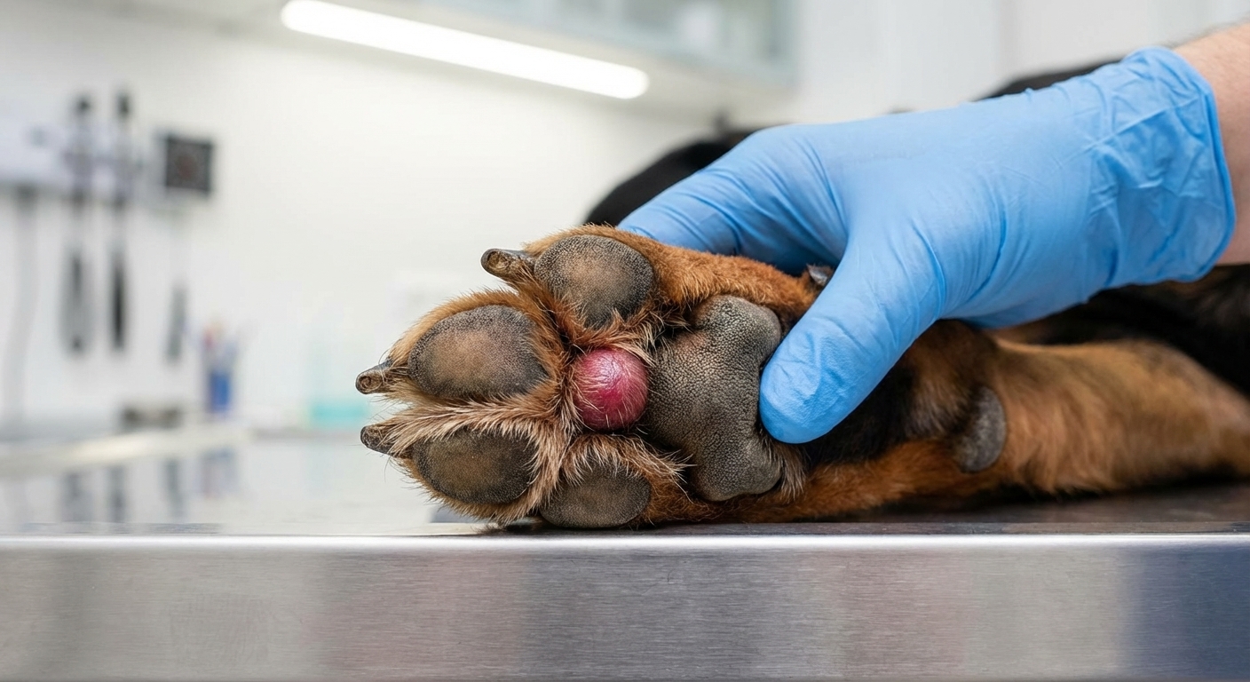 A close-up, photorealistic veterinary-style photograph of a dog paw with toes gently spread, showing a red swollen bump in the webbing between two toes, indoor clinic lighting