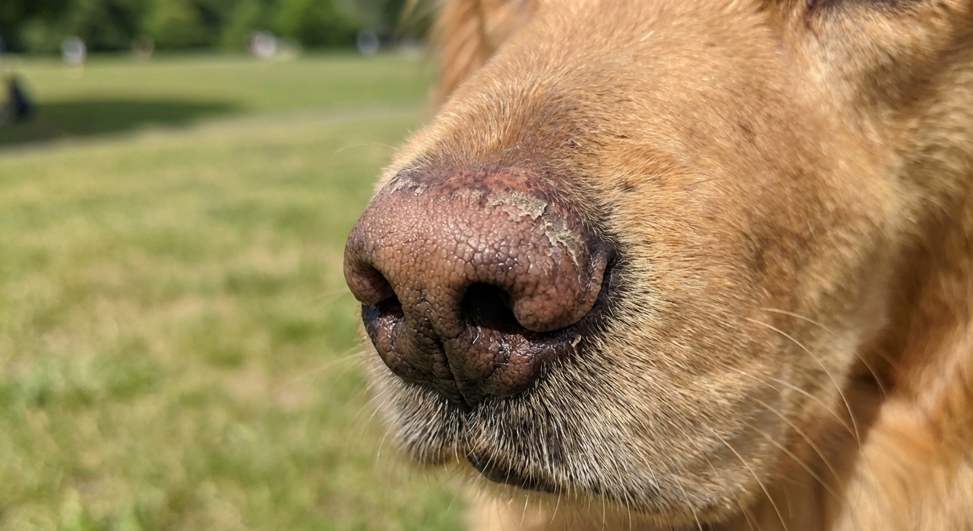 A close-up, photorealistic view of a medium-sized dog’s muzzle showing a dry, slightly cracked nose with natural daylight and shallow depth of field