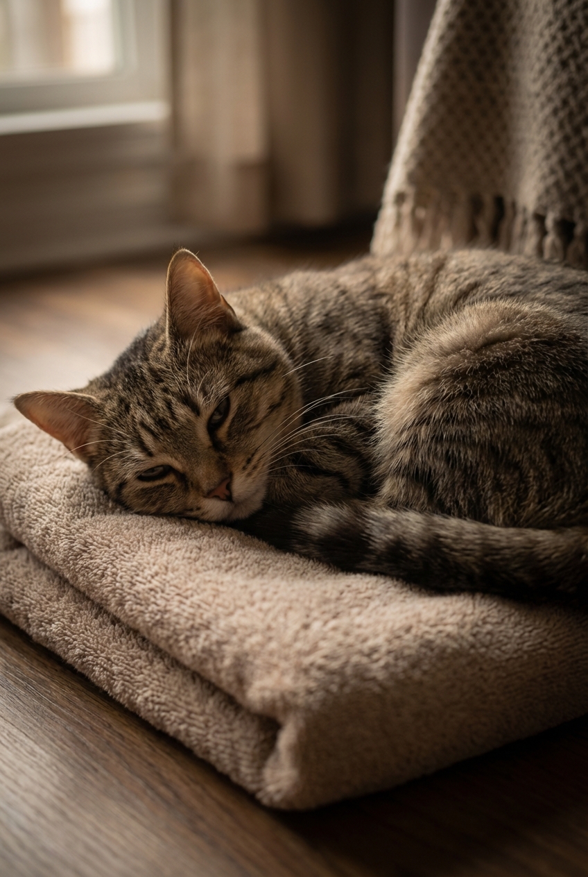 A close-up real photo of a cat resting on a folded towel in a calm, dim room