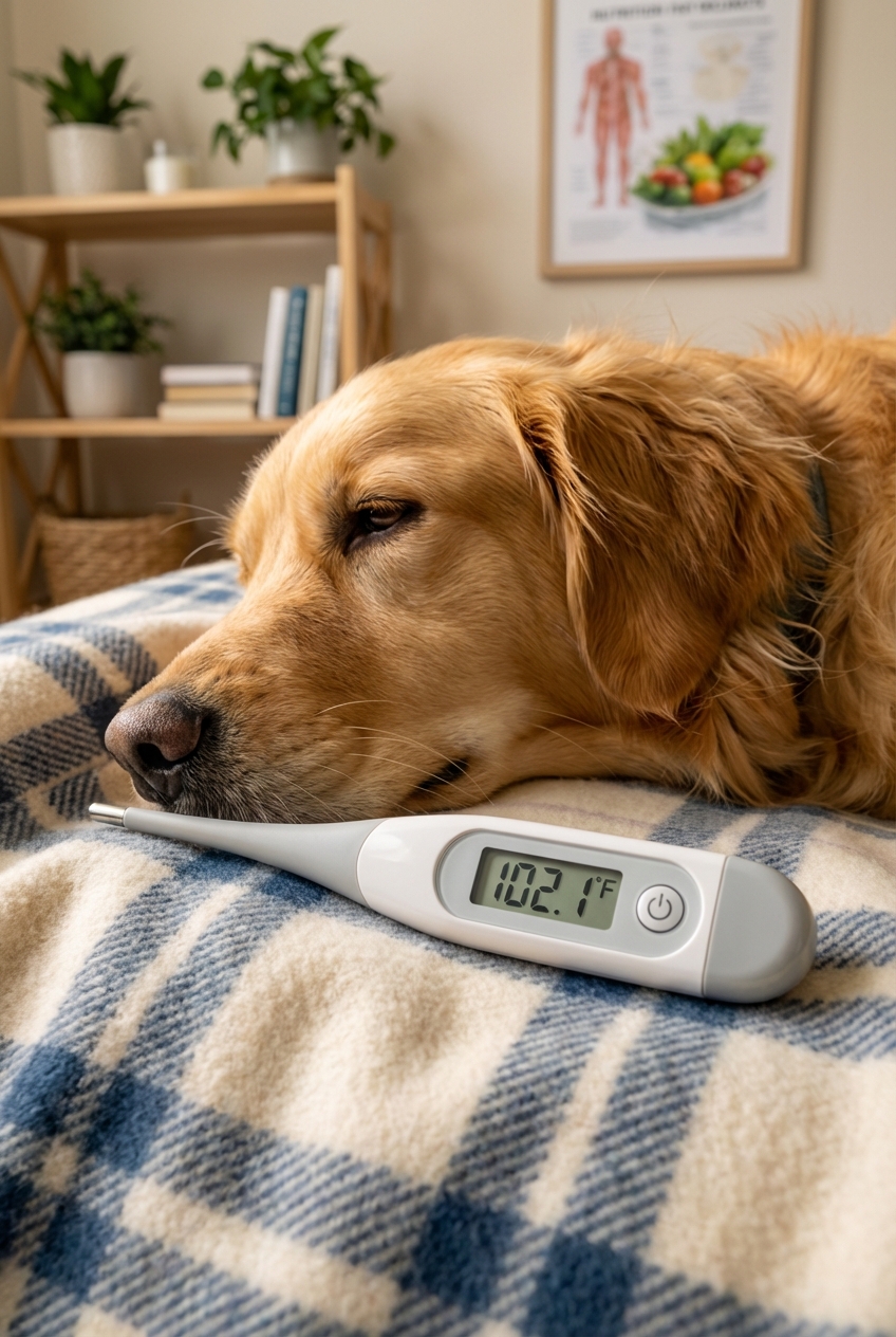 A close-up real photo of a digital thermometer displaying a temperature next to a dog resting on a blanket
