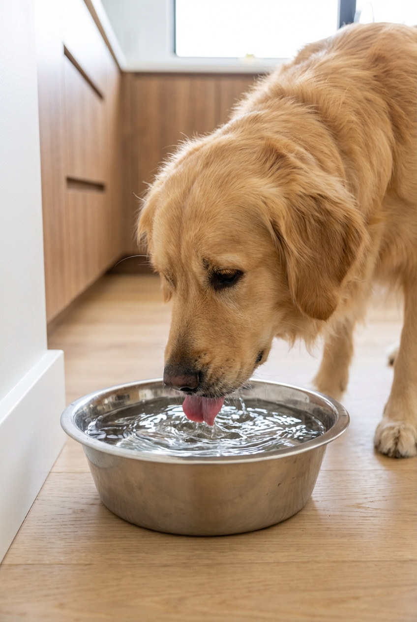 A close-up real photo of a dog drinking fresh water from a stainless steel bowl indoors