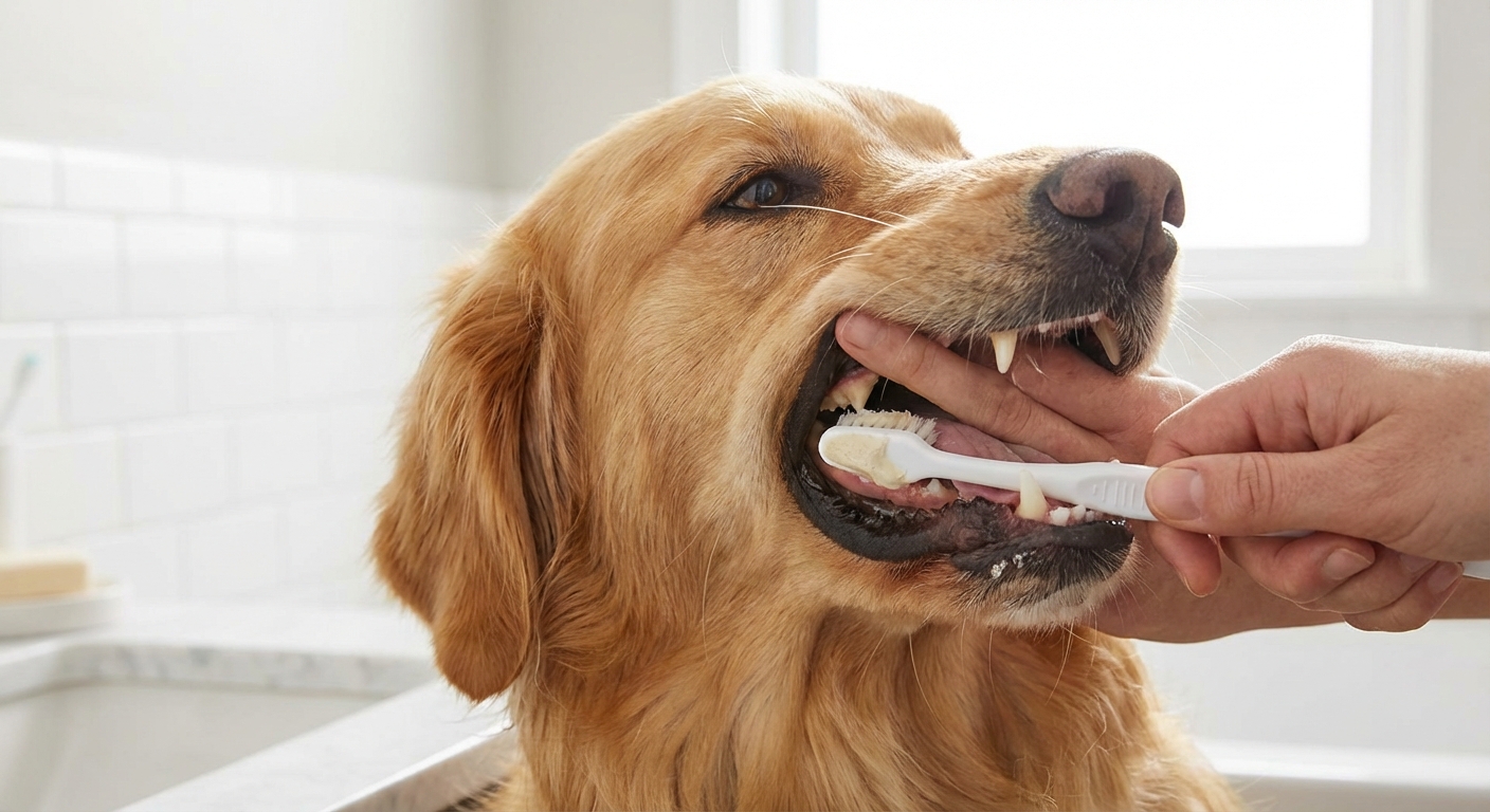 A close-up real photo of a dog’s mouth gently being brushed with a soft toothbrush in a bright bathroom