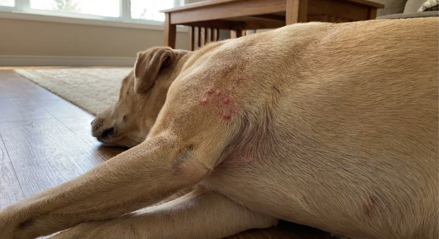 A close-up real photo of a dog’s side with small raised welts on the skin while the dog rests calmly on a living room floor