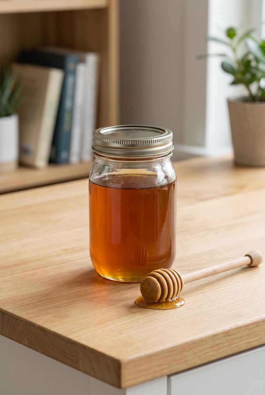 A close-up real photo of a glass jar of honey on a countertop with a wooden honey dipper resting beside it