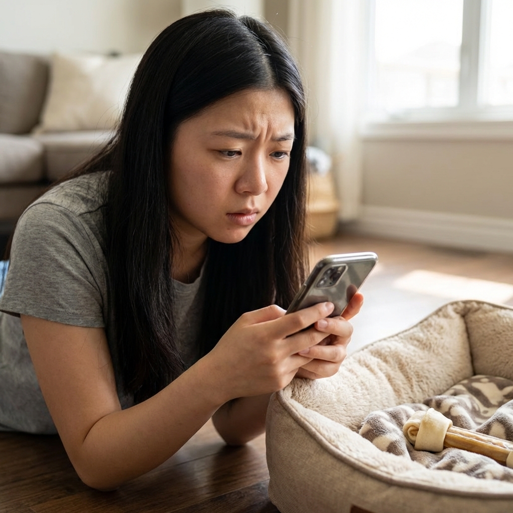 A close-up real photo of a pet owner holding a smartphone while looking concerned near a dog bed