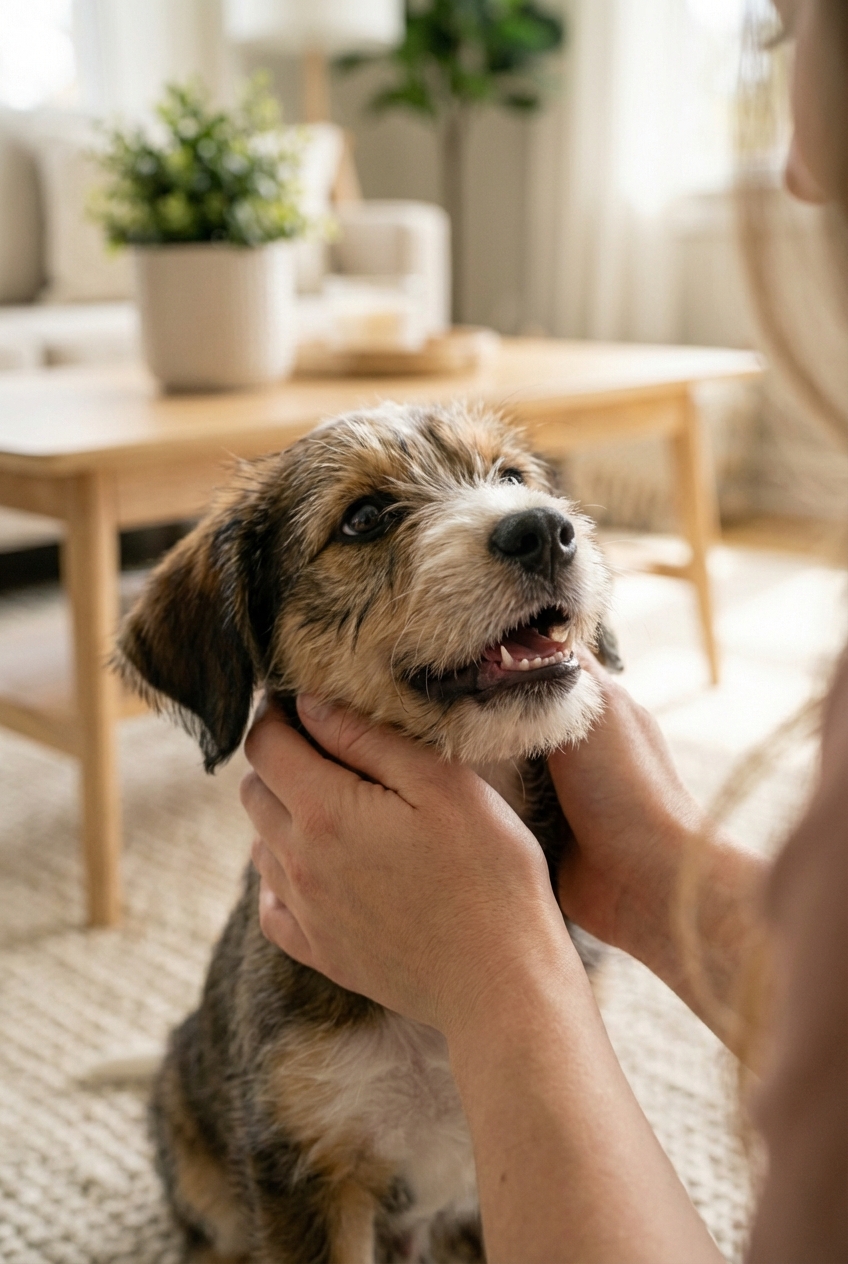 A close-up real photo of a puppy with a slightly open mouth showing small teeth while being gently held