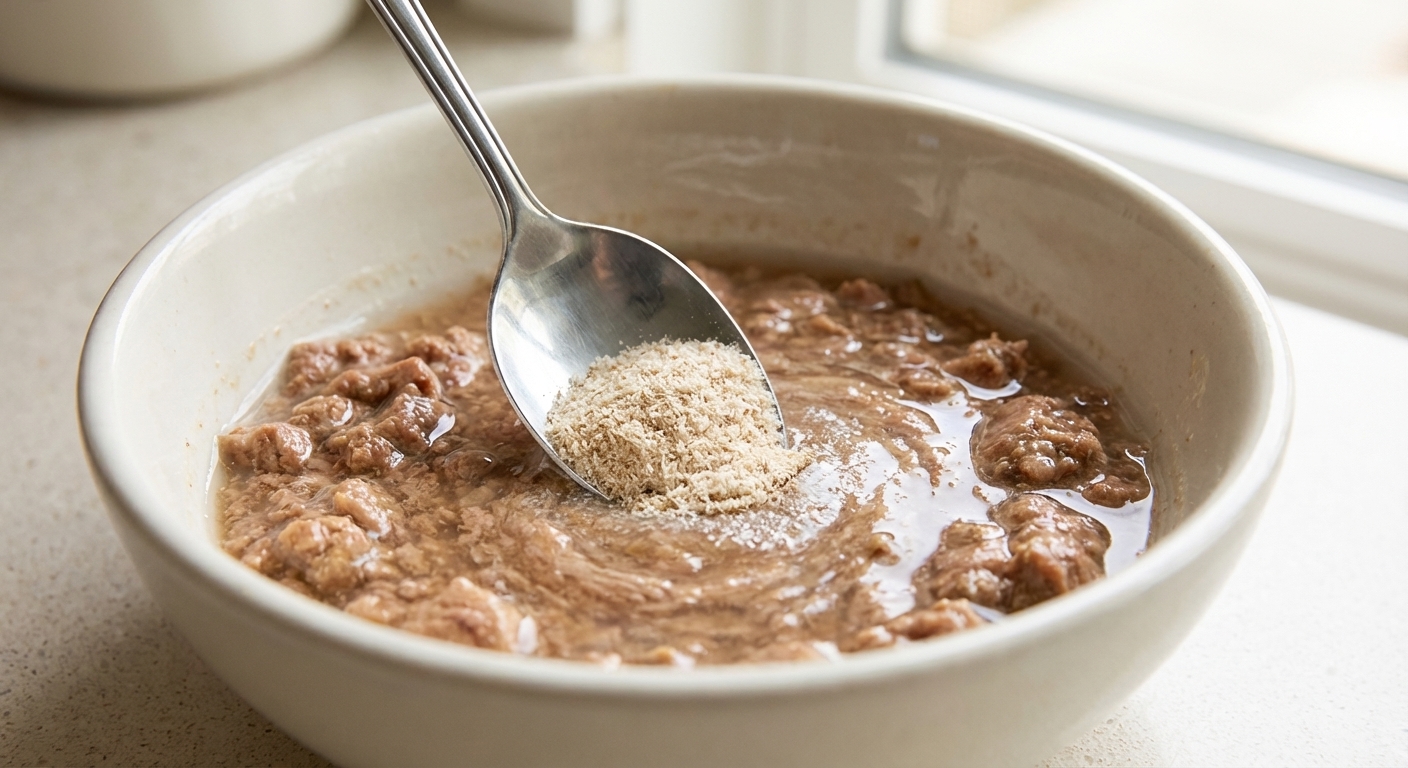 A close-up real photo of a spoon stirring a small amount of psyllium husk into wet cat food with added water in a ceramic bowl
