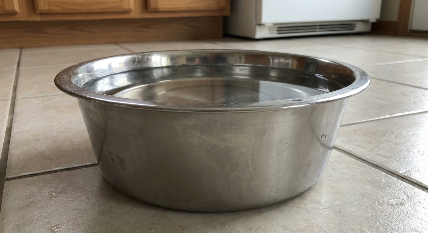 A close-up real photo of a stainless steel dog water bowl filled with fresh water on a kitchen floor