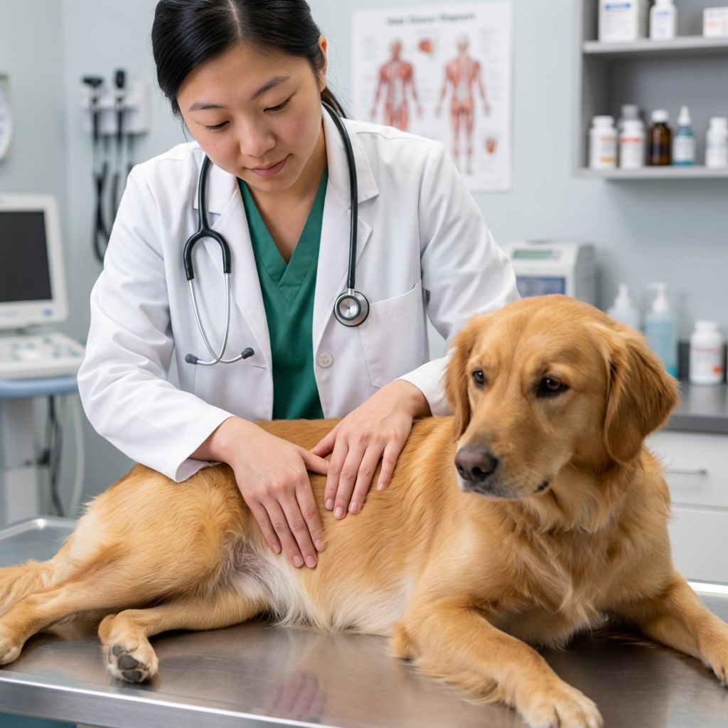 A close-up real photo of a veterinarian in a clinic gently palpating a dog’s abdomen during an exam