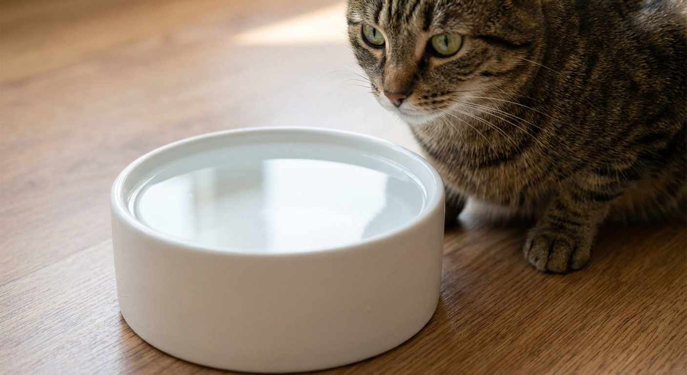 A close-up real photo of a white ceramic water bowl filled with fresh water next to a cat