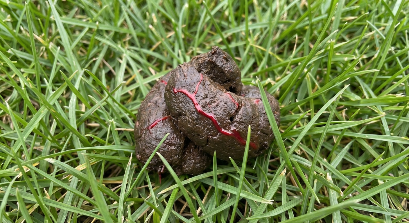 A close-up real photo of dog stool on grass showing a small amount of bright red blood streaking