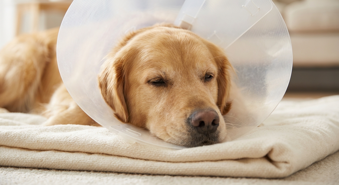 A close-up real photograph of a calm male dog resting on a clean blanket with a veterinarian-approved e-collar on