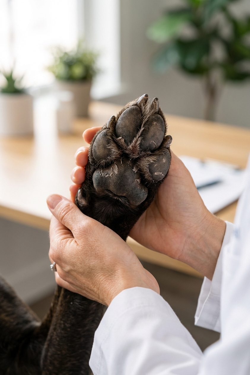 A close-up real photograph of a dog paw held gently in a person’s hands, showing mild peeling and dryness on the paw pads, soft natural indoor light, sharp focus on the pads
