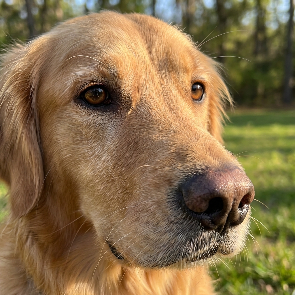 A close-up real photograph of a dog’s face focusing on the eyes and muzzle in natural light