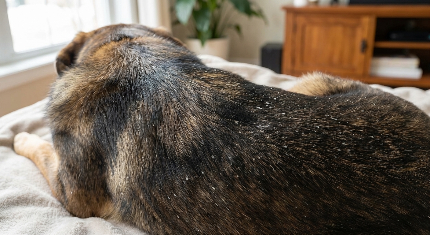 A close-up real photograph of a medium-sized dog’s back and shoulders with visible white scaling and flaky dandruff spread through the coat, natural indoor lighting