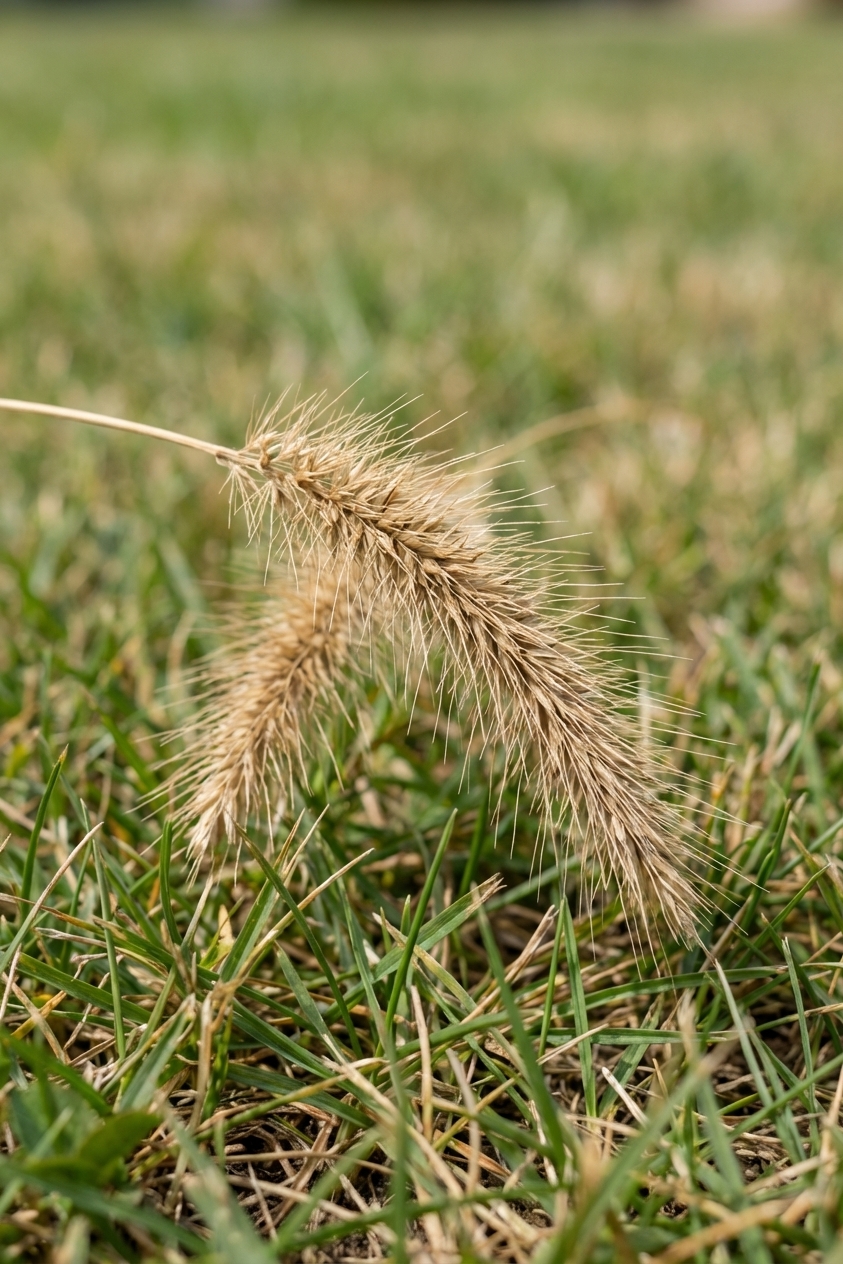 A close-up real photograph of a single dried foxtail grass seed head on a patch of summer lawn, showing the bristly barbs clearly