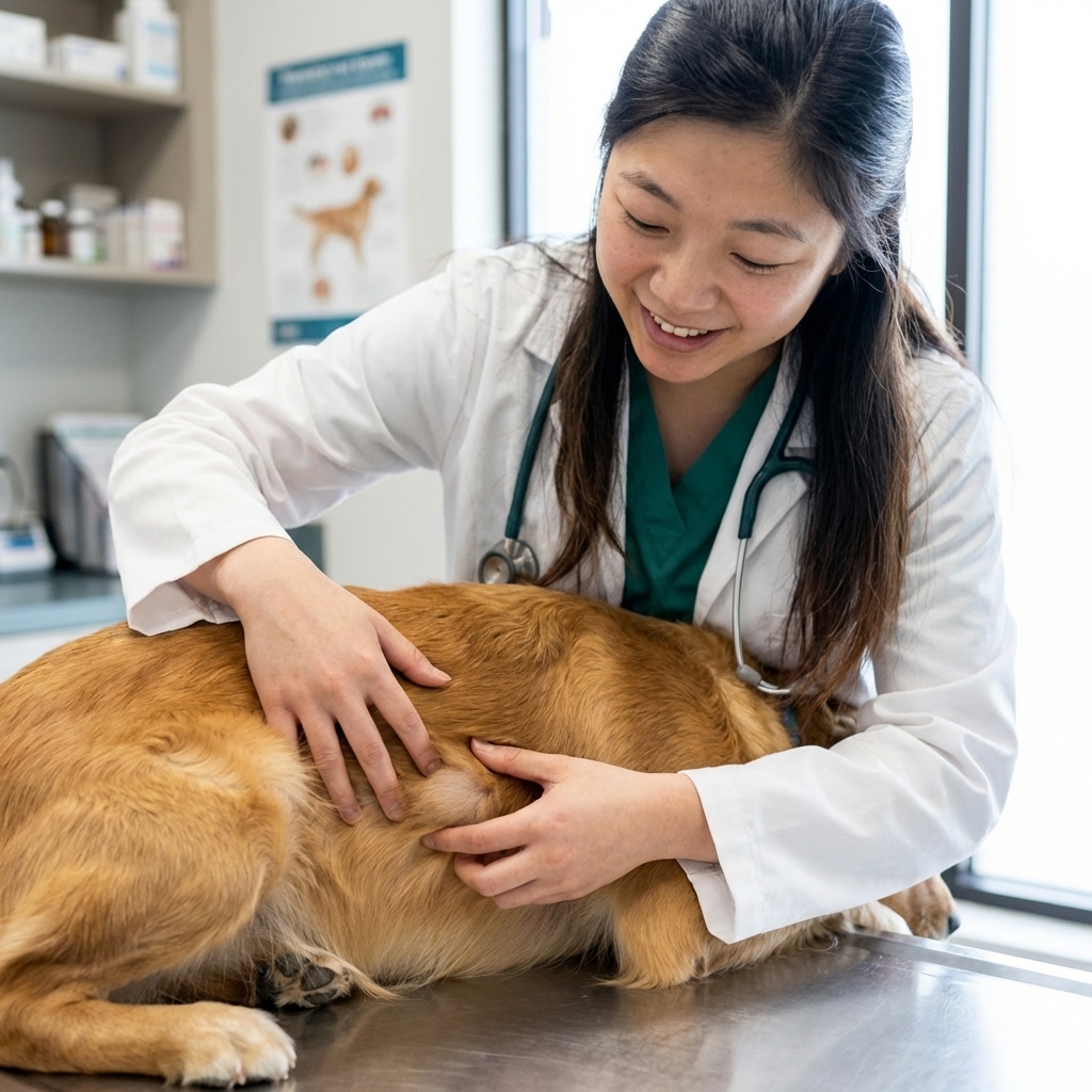 A close-up real photograph of a veterinarian gently palpating a soft lump under the skin on a medium-sized dog during a calm exam in a bright clinic room, natural lighting, photorealistic