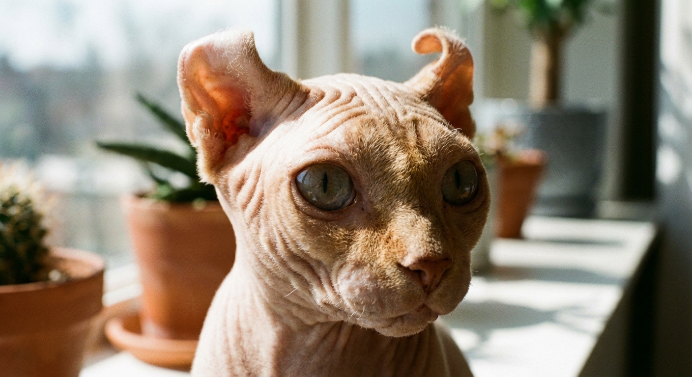 A close-up real photograph of an Elf cat’s head showing curled ears and wrinkled skin, indoors in natural window light