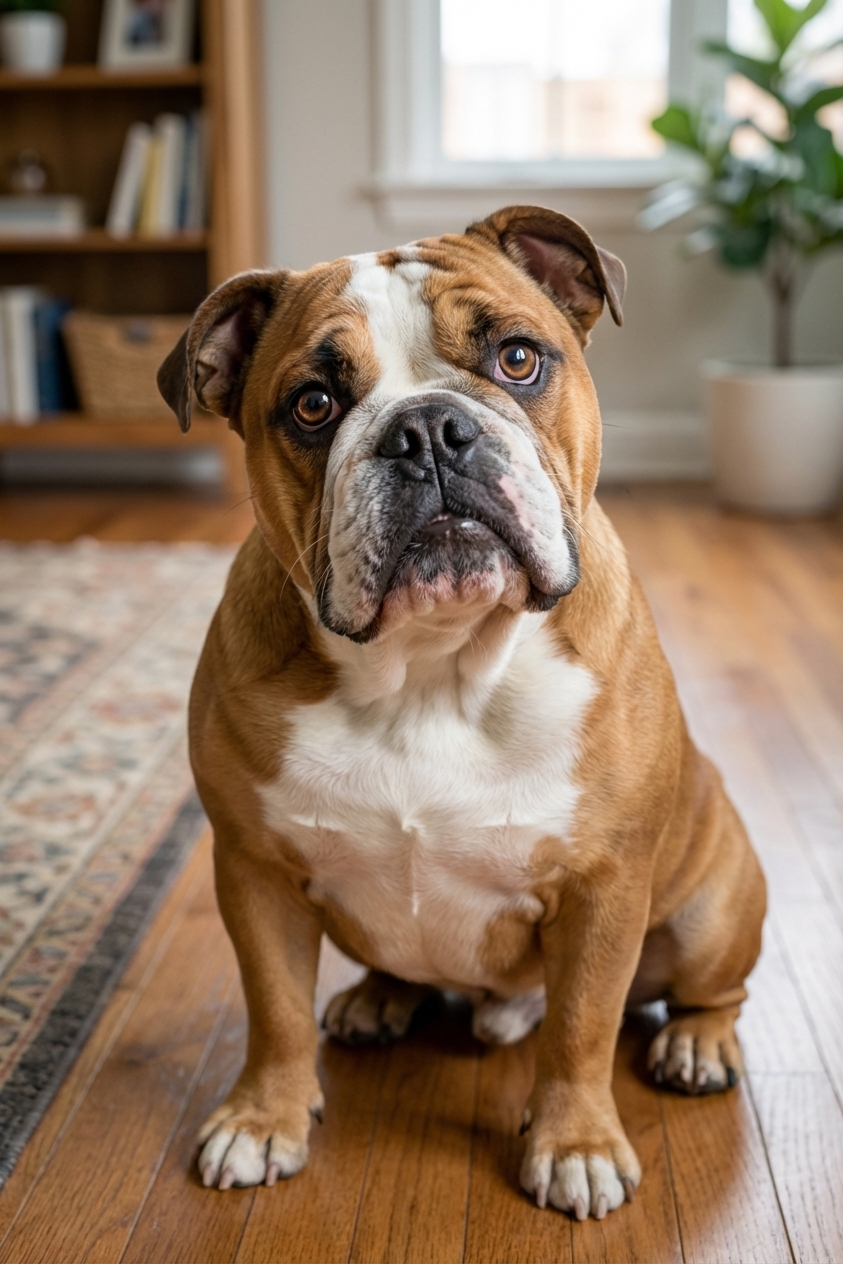 A close-up real photograph of an English Bulldog sitting on a living room floor while the dog's head gently bobs up and down, the dog otherwise alert with eyes tracking the owner