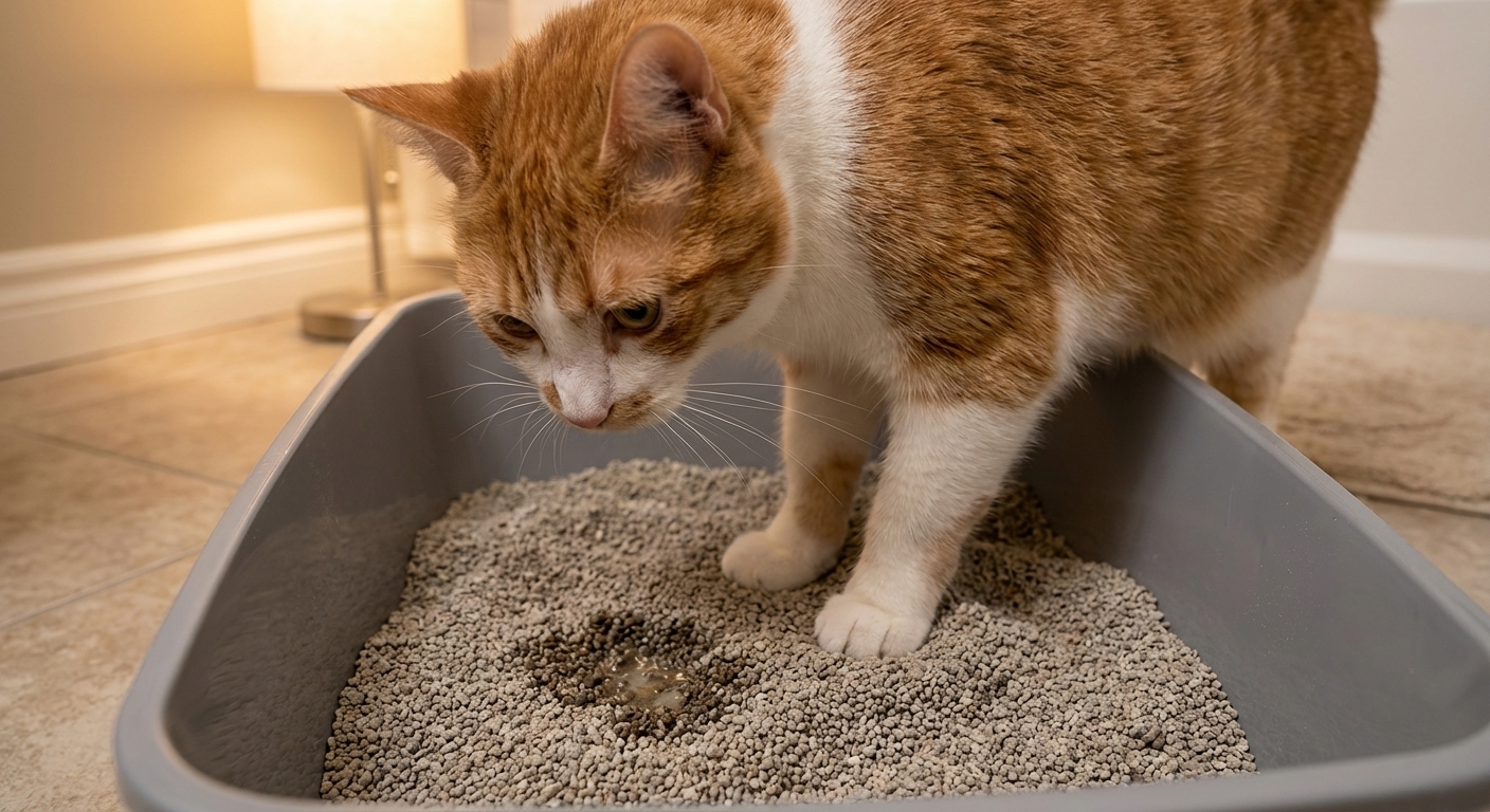 A close-up, realistic photo of a cat standing in a clean litter box, looking down at a small wet spot in the litter, indoor home lighting