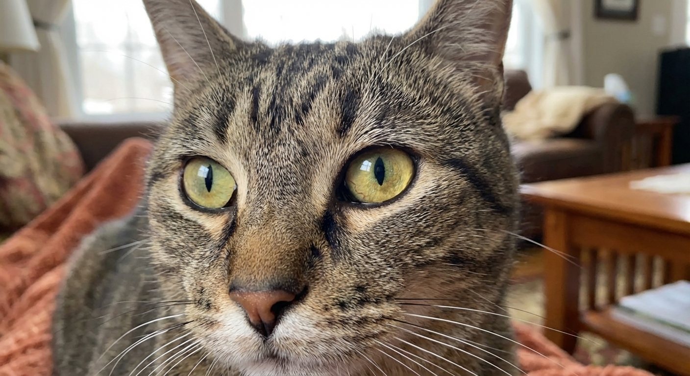 A close-up realistic photograph of a cat’s face showing yellow discoloration in the whites of the eyes, soft indoor lighting