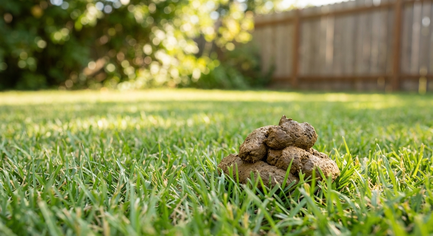 A close-up, realistic photograph of a small pile of dog stool on green grass in a backyard, natural daylight, shallow depth of field