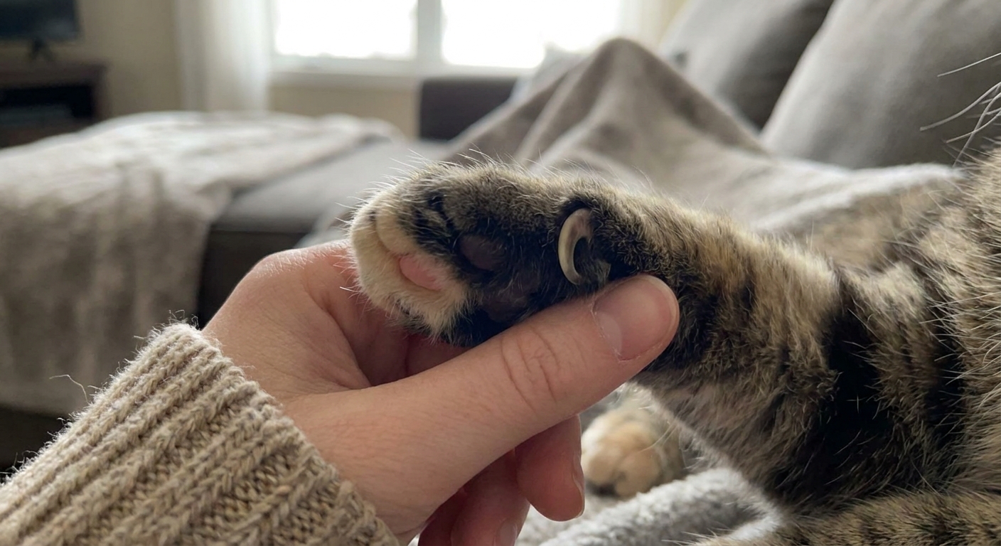 A close view of a cat front paw being gently held, with the dewclaw visibly overgrown and curling toward the paw pad