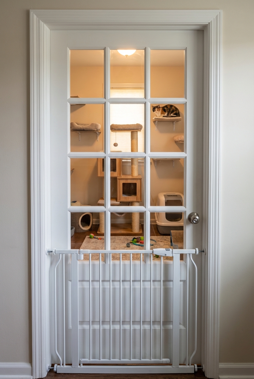 A closed interior door with a baby gate in front of it, showing a cat room setup inside