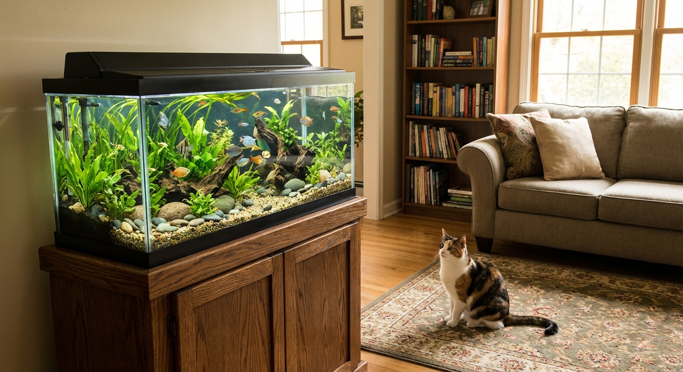 A closed-lid aquarium on a sturdy stand in a living room with a cat sitting calmly several feet away