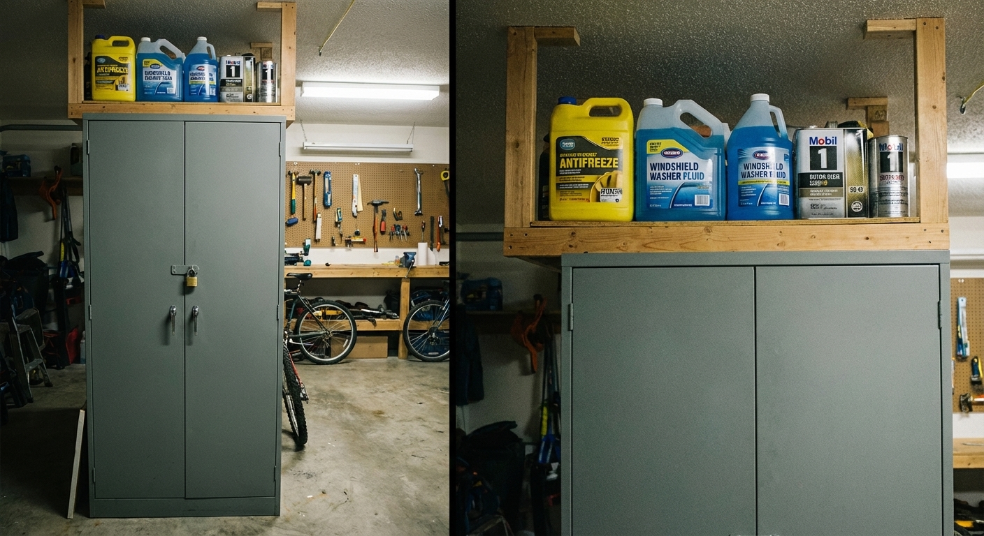 A closed metal storage cabinet in a garage with automotive fluid containers stored on a high shelf, realistic home safety photo