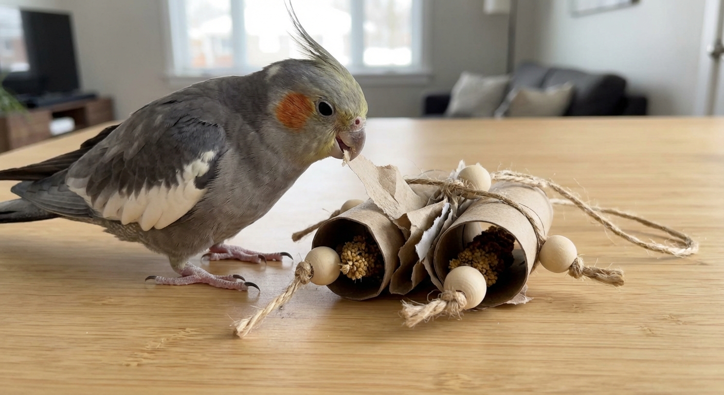 A cockatiel exploring a simple foraging toy on a tabletop
